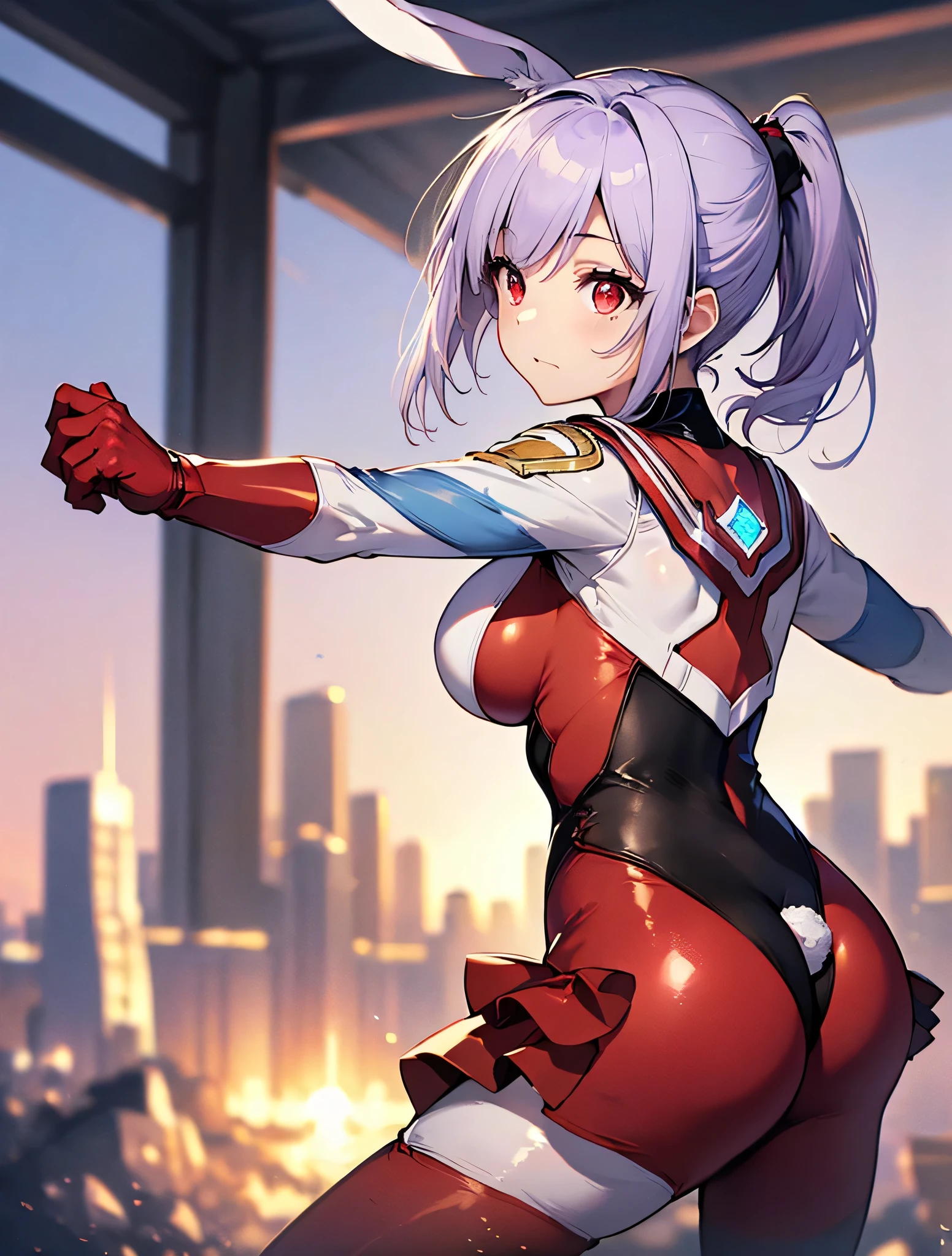 (Close-up:1.3),Realistic,Highest quality, Ultra Detail, High-quality CG rendering, The most delicate and beautiful, Floating softly, High resolution, (1 giant girl), (Highest quality,4K,8K,masterpiece:1.2) ,Light purple hair,Rabbit,(Bunny ears:1.5),ponytail,Red eyes,(Ultra Girl:1.0),(All blue Ultraman :1.4),(All blue gloves:1.3),(All blue shoes:1.3), (Fighting Pose:1.2), (Are standing:1.3),(A city engulfed in flames:1.3),(Buildings in flames:1.3),(Burning Ruins:1.3),(Turn your back to your audience:1.3),Butt,(Troubled face:1.1)