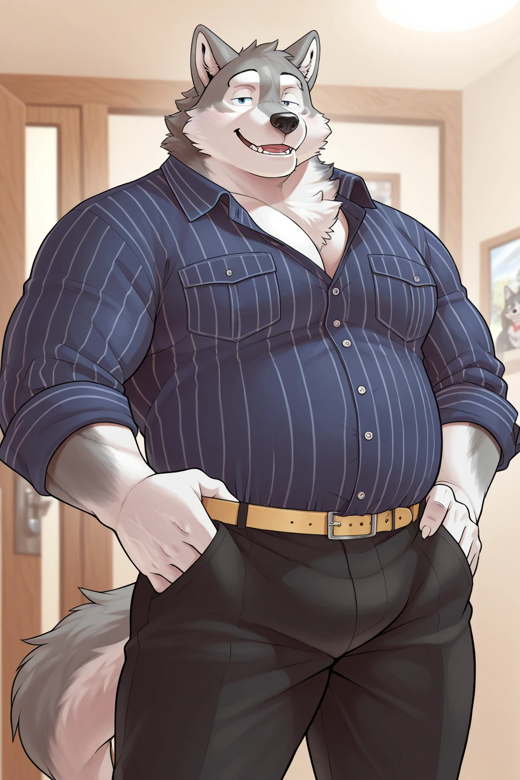 owen lorelei, muscular male, purple eyes, smile, (pose:1.3), (posing:1.3), (soft shading), 4k, hi res, ((detailed face(mad), detailed)), (full body), by zackarry911, by zaush, (by personalami:0.5), jacket, brown jacket, white sleeves, , , big long (harden), big ,POV