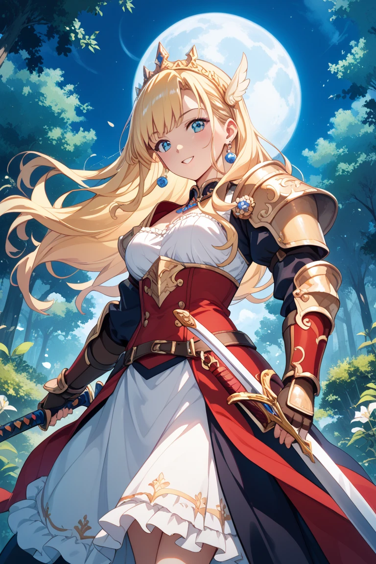 alone, 1 Girl, Marin, salary, keep, arms, Focus on women, sword, Cape, armor, Lambent Light, Handguard, ,  armor, full armor, A soft smile，Cherry blossoms blooming all over the place，Falling cherry blossom petals background　(((masterpiece)))， ((Highest quality))， ((Intricate details))　(8K)