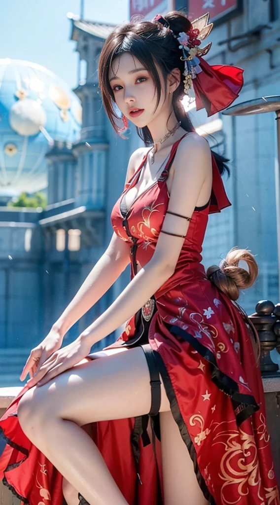 Girl, young and beautiful, tall and beautiful,daqiao, red clothes, red_dress,high heels,thighhighs,upper body,  anklet, barefoot, jewelry, solo, braid, sitting, black hair, bracelet,(((()))),(((Super slim legs))),
proportionate,ultra realistic,((white gloves)), light smile,