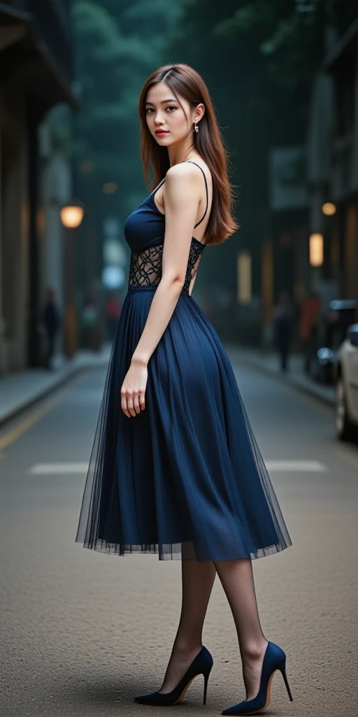 A woman wearing a blue dress