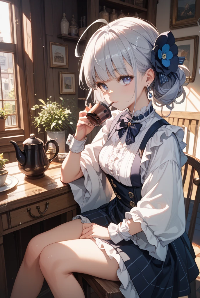 (masterpiece, Highest quality:1.2), One Girl, alone　(((White Hair　Short Hair　blue eyes)))　((Noble clothes　Drinking tea))　(smile)