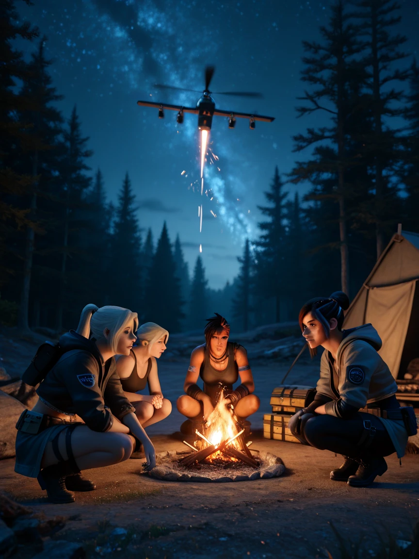 Outdoor Camping, night, alien planet, alien fauna, alien technology, alien planets and unknown constellations in the night sky, fantastic Outdoor Camping on an alien planet, cinematic frame, extremely detailed, extremely extended, hyperactive, hyper-accurate, (hand-drawn cartoon style)