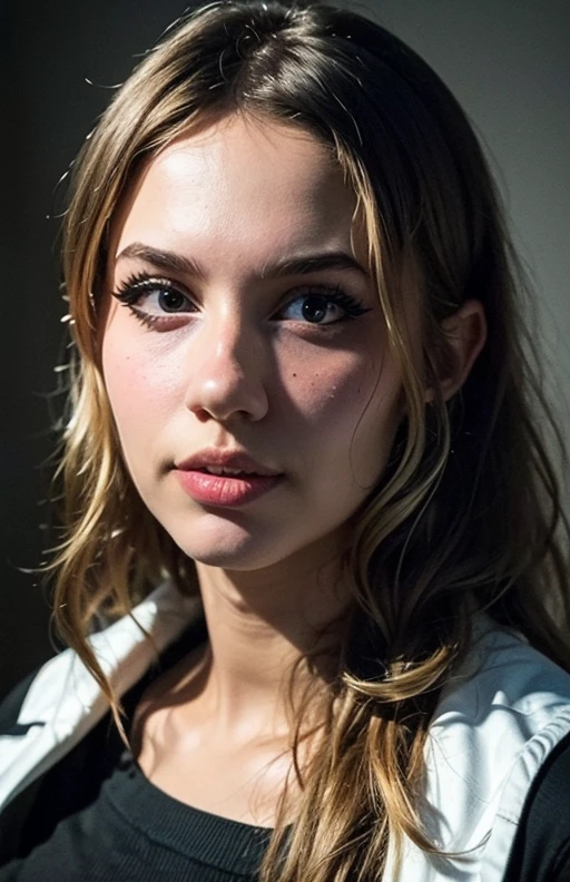 "(Mejor calidad,8K,ultra detallado,Obra maestra:1.2),hermoso y estetico, Hiperrealismo, Photography, retratos, adolescente, ojos grises, Cabello largo y rubio, sad expression, luz tenue, cubierto en sangre, cara manchada de sangre, white room.