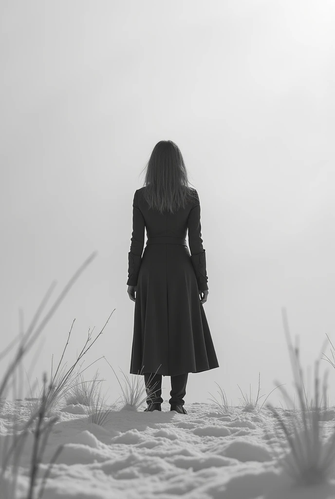 women photos back view of woman Short sleeve t-shirt Black lace  in a dense forest with tall trees. Mysterious, scary, faint mist