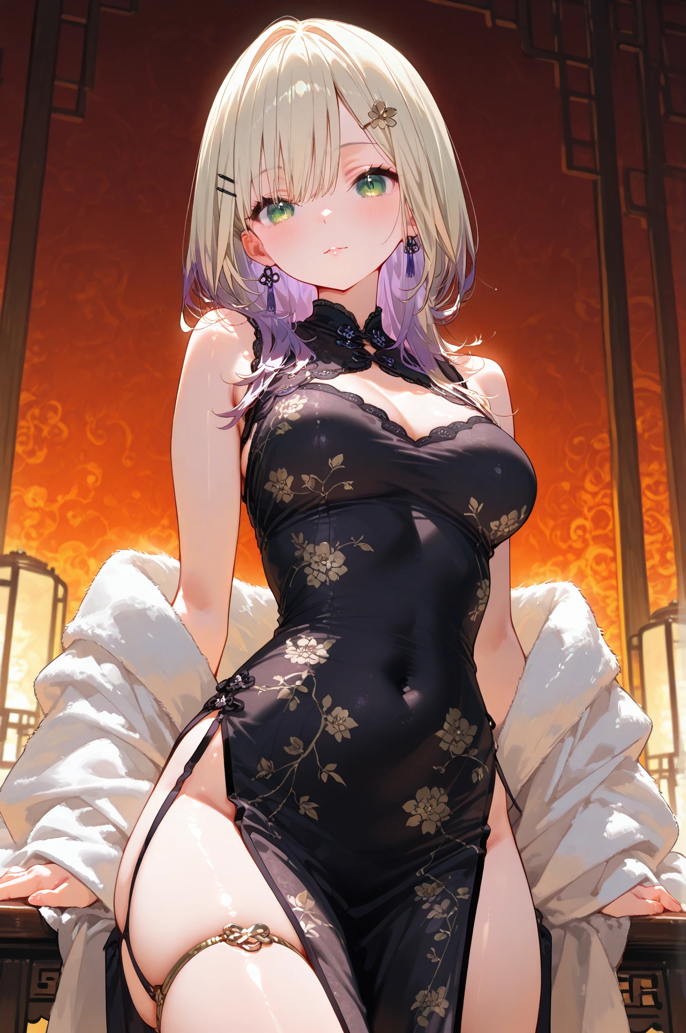 (anime, masterpiece, intricate:1.1), summer aestetic background, comics_darkstalkers_morrigan_aensland, Slender hips, slim stomach, thin waist, sexy posing, back view, aesthetically pleasing rear view, one girl, looking at viewer, medium teardrop-shaped breasts, slim body, violet hair, violet eyes,  black dress, black garter stockings, very short , , heart shaped earrings, girly decorations, solo, flowers, modest smile, bright red lipstick, painted nails (red)