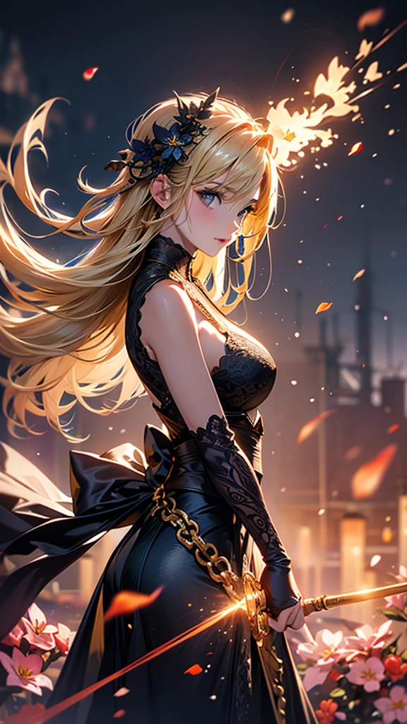 masterpiece, high quality, 4K, Beautiful design, silhouette，blonde， 非常に詳細な夜のStarry Sky,Flower Field， wonderful, Finer details,  Very knowledgeable woman, Highly detailed solo, 1 female,Big Breasts，Gothic Lolita Fashion，２Hold a gun in front of your chest.，Night view，Starry Sky，full moon，