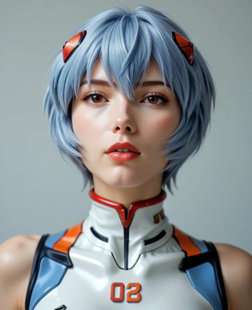 Masterpiece, highest quality, 8K, detailed skin texture, fine cloth texture, beautiful detailed face, intricate details, super detailed, portrait of Rei Ayanami, blue hair, red eyes, looking far away, no background, Evangelion Wearing a plug suit when riding, plug suit, whole body visible, standing, arms crossed, 15 years old, beautiful, cute, great style, smiling