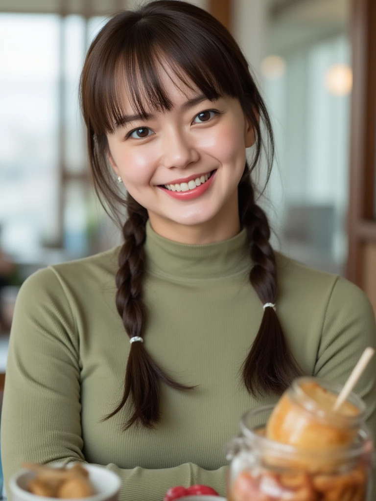 photo of a skinny asian teen  wife messy long hair thrown into a messy bun ponytail. She wears: (turtleneck high ribbed bright tight red sweater:1.1),   pose, high tight ribbed neck,  smile, perfect fake , turtleneck top