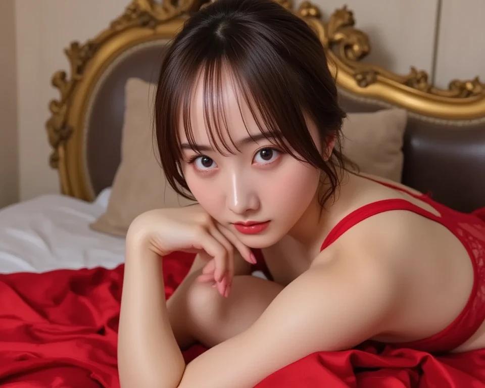 (RAW photo: 1.2), top quality, beautiful detailed girl, in ?????????, smile, put hands on head, (full body lying on bed: 1.2), facing the camera, ????????? left and right, red ?????????, highly detailed eyes and face, beautiful detailed eyes, huge file size, high resolution, 8k wallpaper, fine details, highly detailed ticker uniform 8k wallpaper, light on face, movie lighting, 18 year old girl, ???? pose, (photorealism: 1.4), illustration, super detail