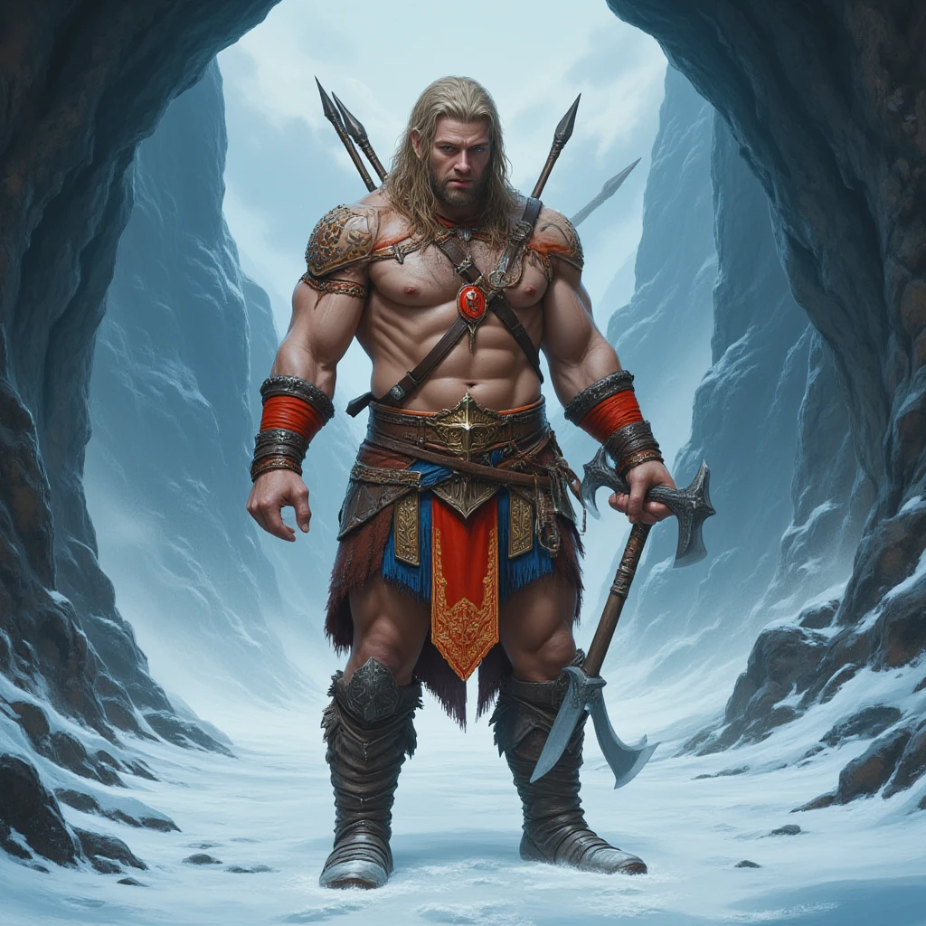 Black Viking left arm tattoo design, a full body muscular viking man and beautiful blond woman showing  big busty without clouds, muscular legs, holding big sword with right hand, brown hair divided with bangs, perfect realistic blue eyes, wearing warrior leather shoes, wearing warrior boots, lake and mountains in the background.
