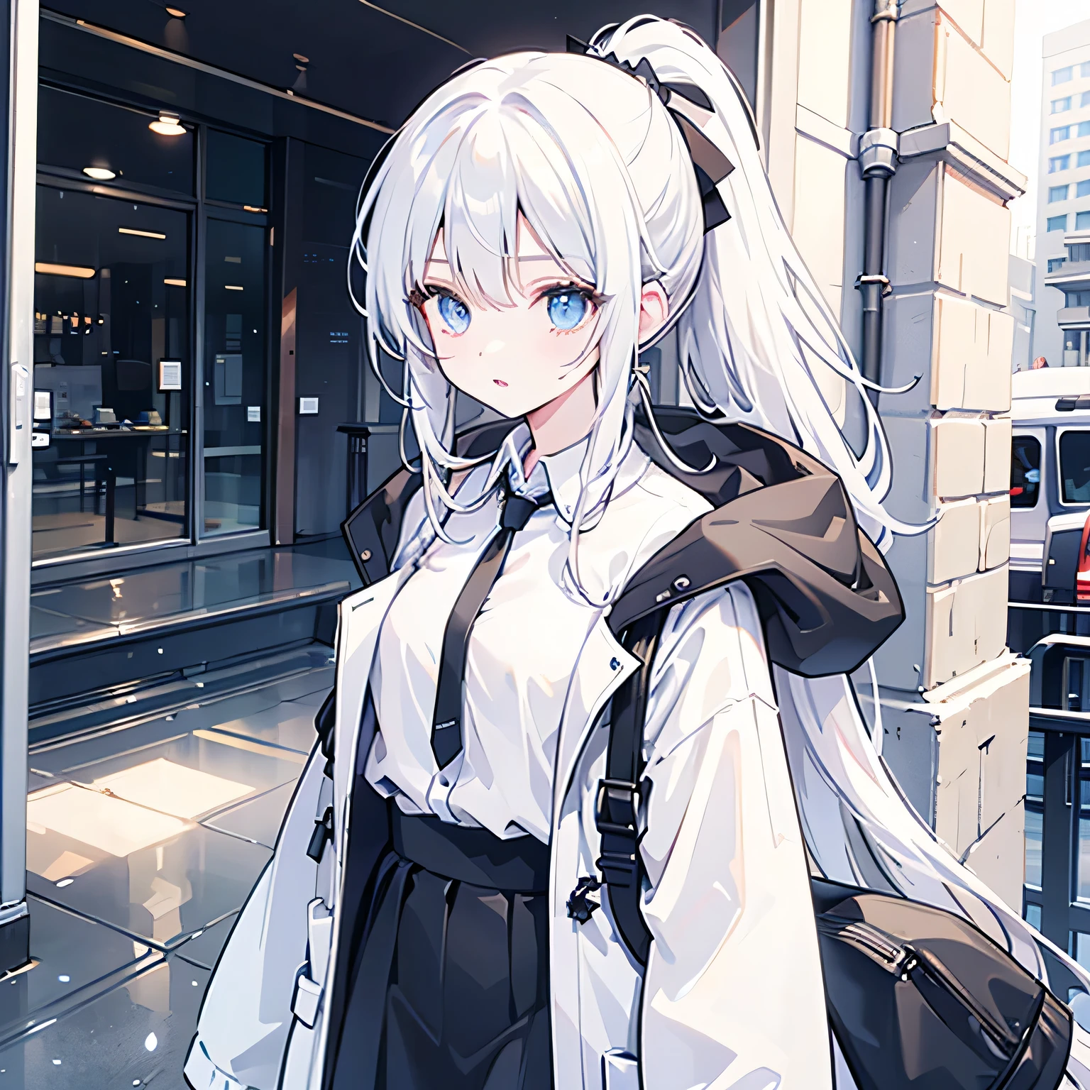 最high quality、Best image quality、masterpiece、girl((20-year-old、 By becoming、Best 、,Wide open tea、blue eyes and white hair 、Disheveled Hair、Long Hair、thin,The highest valley、White overshirt、Open 、White wristband、smile、Leaning forward、hair ornaments、Side angle、Lointail、Looking at smartphone)),high quality、Beautiful art、background((Modern train、Window、Light of the sun))、Flight、Flying debris、Written boundary depth、movie、Visual Arts、Perfect art、8K,Genuine、