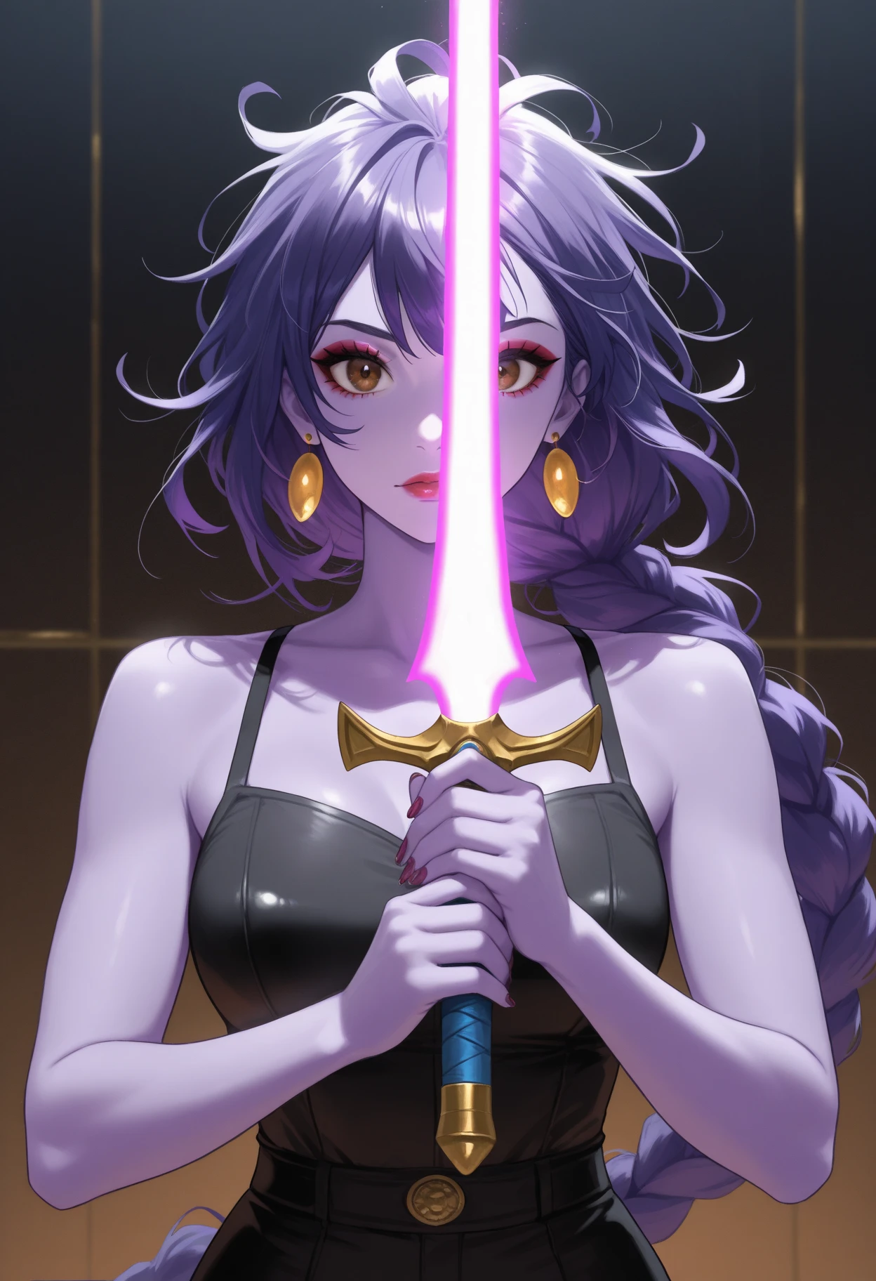 huge boobs,ponytail,light purple hair,ninja,slashing effect,effect,knife,exposure,