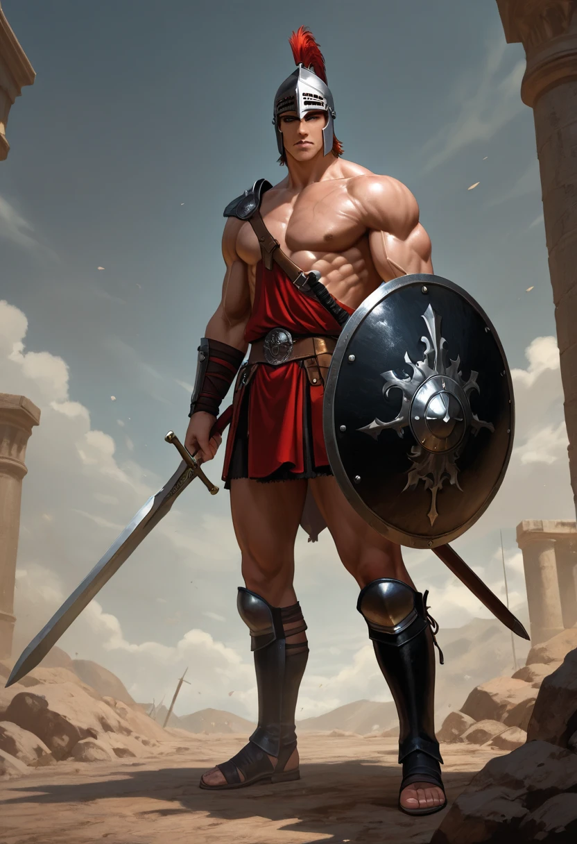 (16k, foto RAW, melhor qualidade, obra-prima: 1.2), ultra-detalhado, arte formal, foto realismo: 1.37, foto do corpo inteiro, (homem, beleza ,( Dwayne Johnson)film grain,   SOLDADOde (SPARTA) ATTACK LEONIDAS pose ))detalhes ,(shield and spear),  (Pointed Spear),detalhes nas roupas