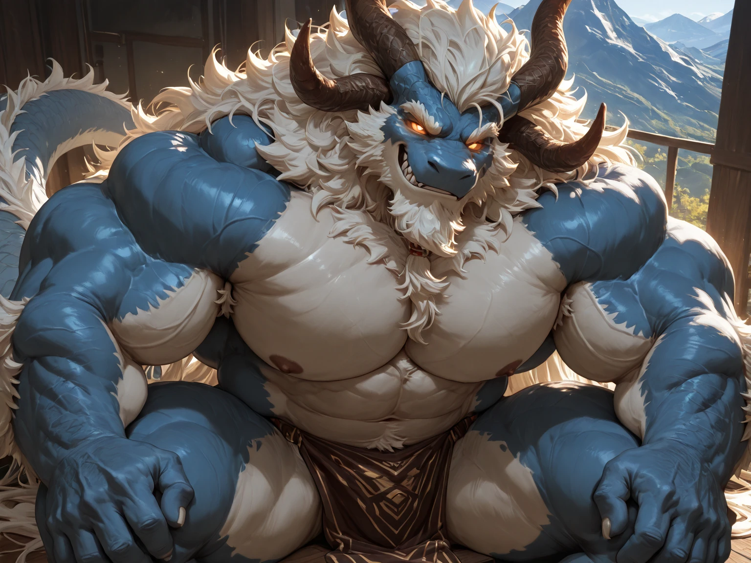 Bara, Solo, by Taran Fiddler, muscular male, mature age, middle-aged, furry male, canine, white fur, beard, , laying on the bed (()), sweaty body (()), using adult toy ((bad dragon)), inserting adult toy into (()), (()), dynamic posing, bedroom, dim lighting