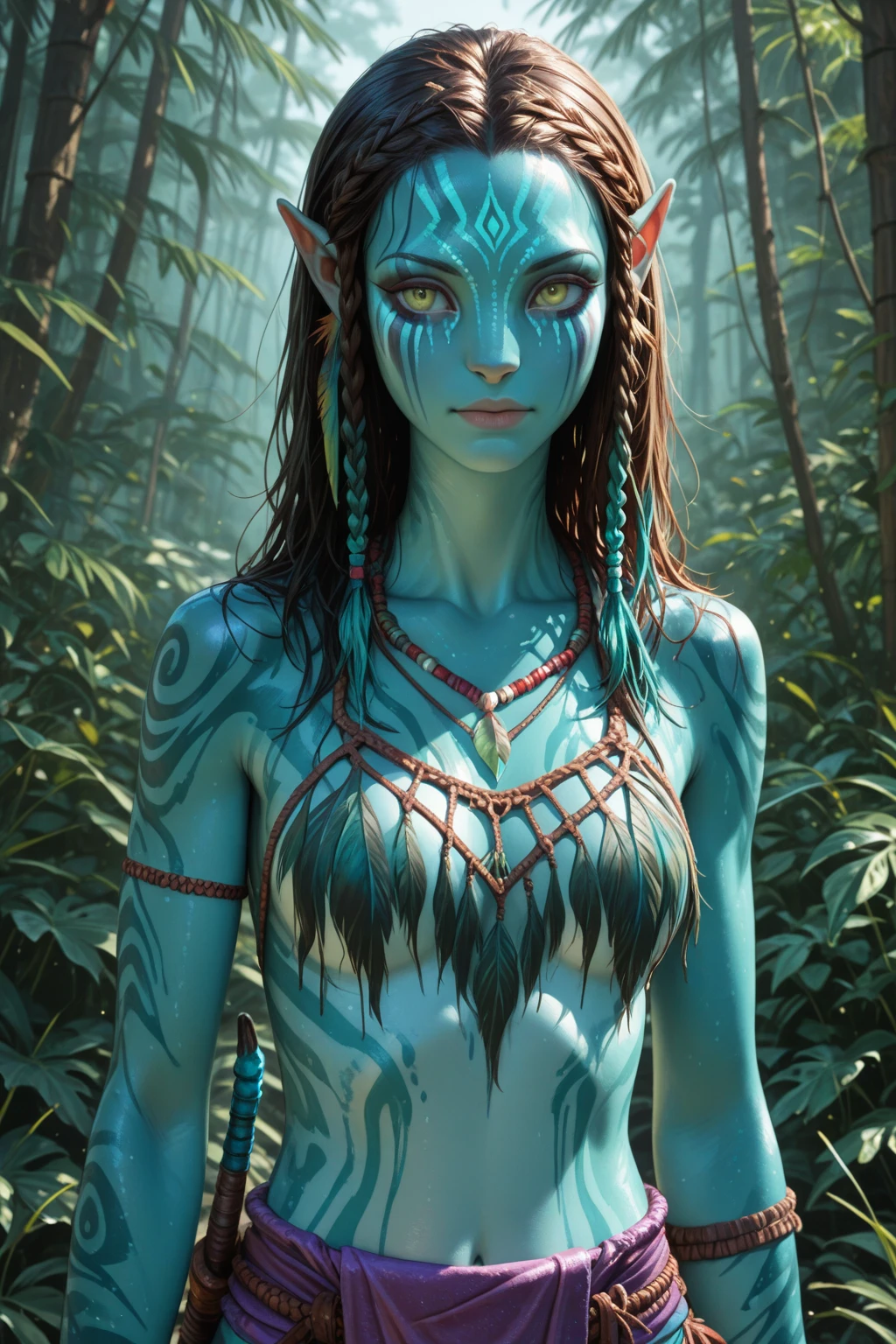 1girl, woman, blue skin color, purple wavt hair, dryad, upper body view, lush forest, petals, masterpiece, best quality