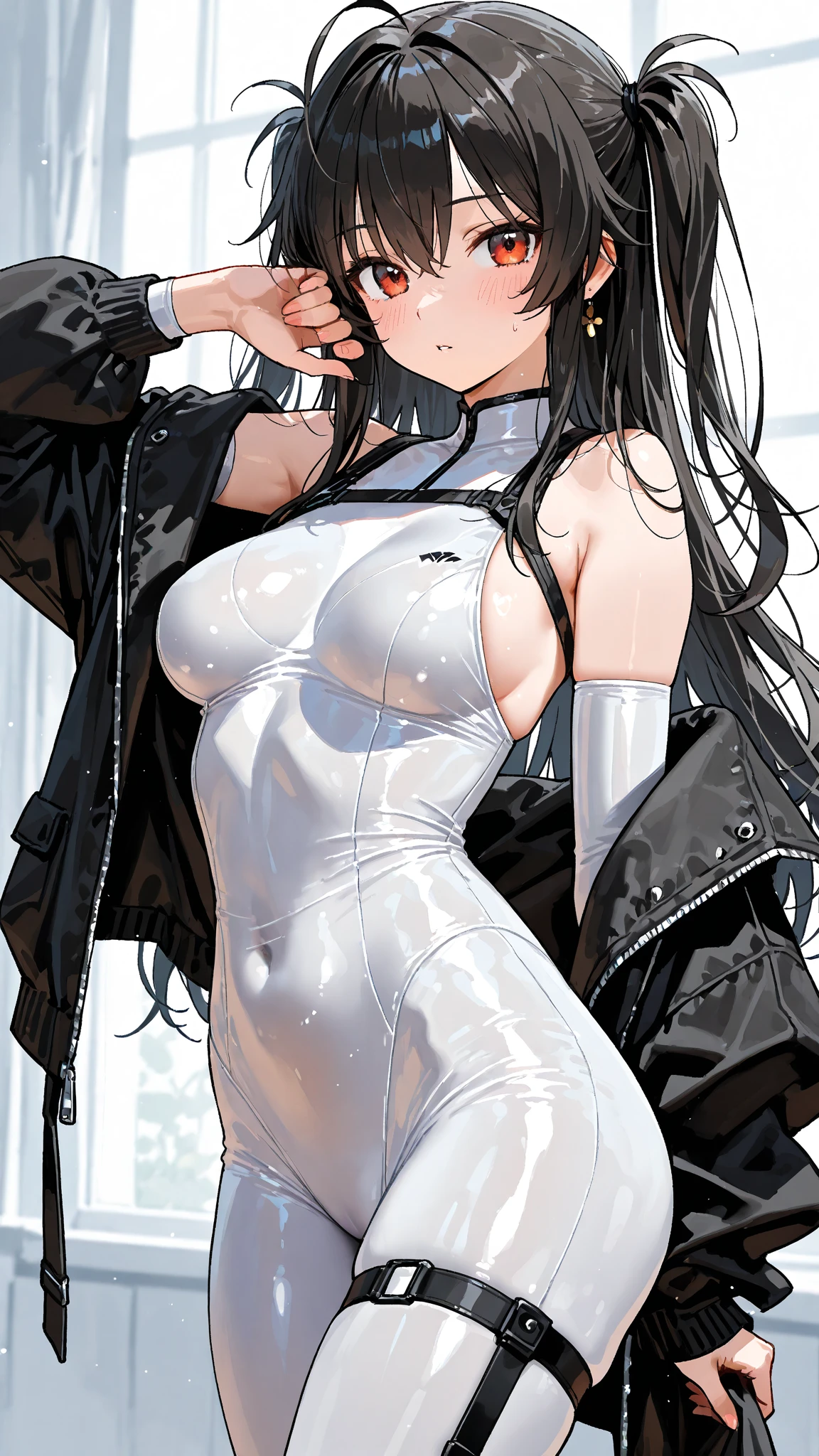 adulto, Cabello ????? ondulado, mirada penetrante con ojos profundos de color rojo, estatura promedio, Silky hair with a ponytail hairstyle collected with a red bow with two white lines, tiene pechos medianos, primer plano, session, standing in the middle of his room [[[Risa malvada]]] , Sonrojada, muslos grandes, falda corta color negra, blusa corta de tirantes blanca, black one piece swimsuit, orejas de conejo, medias, swimsuit ????????, pantis 