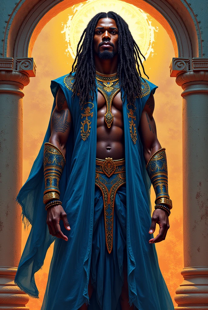 Painted portrait of a fitted Apollo, God of beauty, African American God, African American male beauty, Black hair, big expressive eyes, Big lips, Golden skin, Handsome men, young, Insanely handsome, Upper body, muscular, Hairy torso, Fantasy, Convoluted, Elegant, Highly detailed, Digital Painting, Art Station, Concept art, Soft, Sharp Focus, Illustration, Art by Bruno B