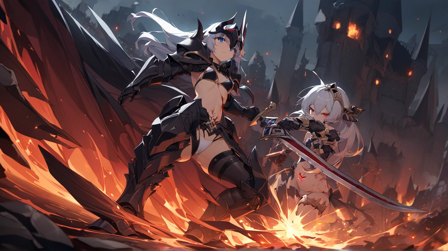 A group of  female knight, (in cave), various hair styles, harem, wearing armored clothes, metal armor, night, details face, , short skirt, seducing, sword, showing armpits, sleeveless, 