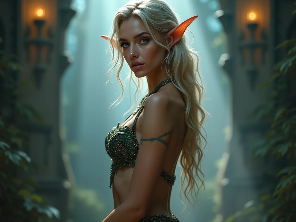 Marija. elf  full body portraits, fantasy art, detailed features, vibrant colors, magical lighting, three side view, 1 side potrait,2 side close, 3 side in the batlle, photo collage) film grain, detailed pores and wrinkles on the skin film grain, detailed pores and wrinkles on the skin, detailed elf village in backfround, full of stars sky, zentangle costume style, facing camera, front side, back side,