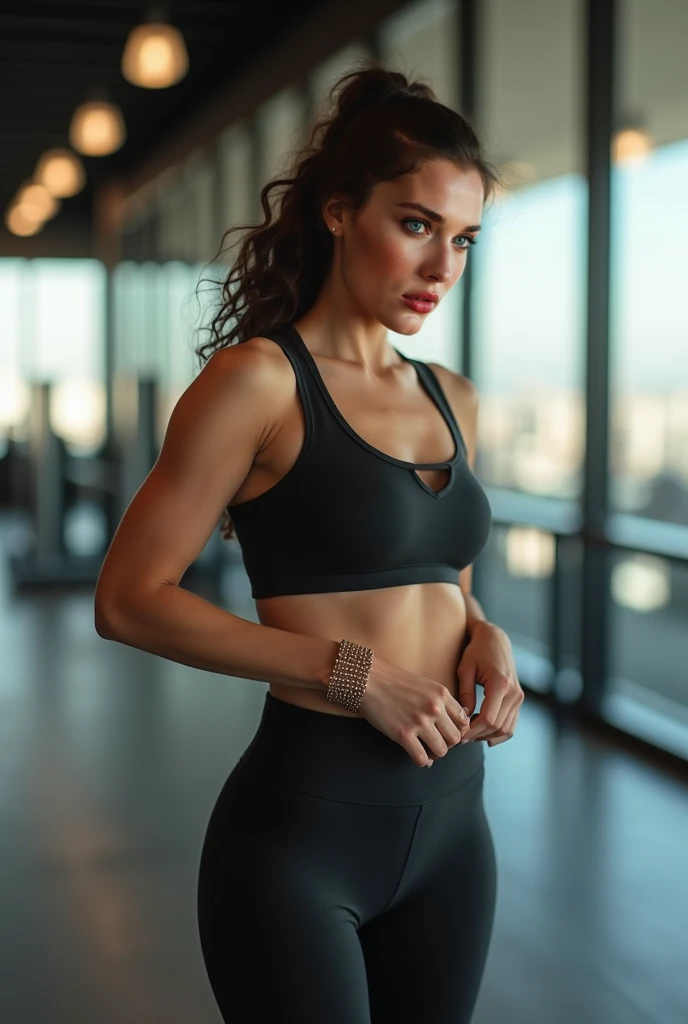 a very realistic and detailed photo of a beautiful french woman, tight black skirt, perfect makeup, long sleek straight ponytail brown hair, high quality, photorealistic, 8k, luxury, elegant, sophisticated, confident, studio lighting, cinematic, golden hour, warm tones, glowing skin, piercing eyes, full lips, sharp focus