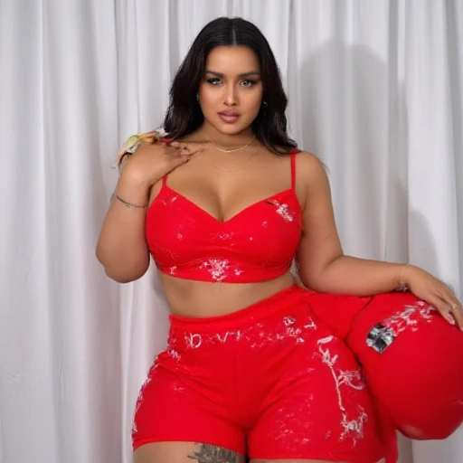 a woman standing in front of a stone wall, lorena avarez, alanis guillen, marischa becker, , full body shot close up, photograph of a techwear woman, beautiful girl, big ass, , thick, thick thighs, wide hips, , big ,  falling out the side, thick , large , filipina, cute, chubby stomach,  poking out, tan skin, from front, muffin top, thick belly, oily, 