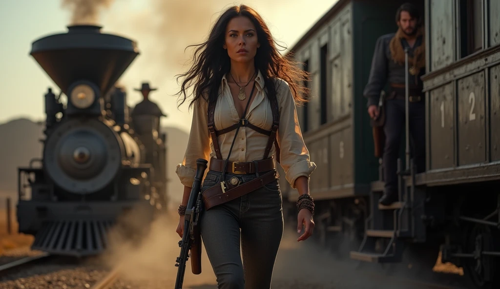 circa 1880s full body western cowboy woman, long brown straight hair, brown eyes, high arched eyebrows, long graceful neck, red lips, large breasts, tight brown leather pants, sleeveless brown leather vest, leather western boots, deserted uninhabited North American small town walking on a dusty sandy street with the wind blowing her hair, realistic, photorealistic, photorealistic, horror, dark and gloomy atmosphere with dramatic lighting, dull reddish colors, Foggy environment, detailed  expressions, Horrible fog