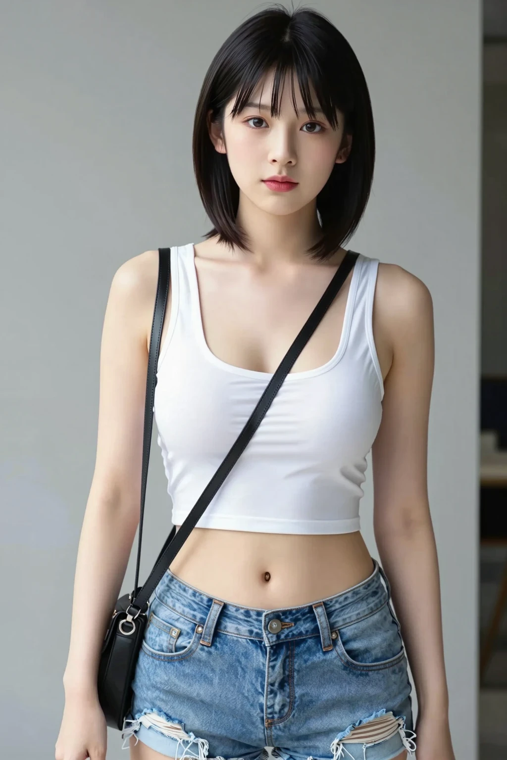 21yo girl, black bob hairstyles background, hands on the wall, body facing backward, face turned forward
. (Wearing white oversize tshirt, show shoulders), wearing hot pants, cleavage, plump body. Dark background. Voncrete background. Magenta Polaroid. Retro. Flash light