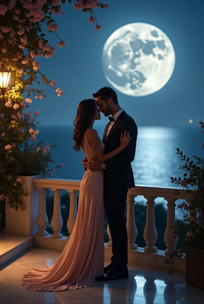 Make the silhouette of a man asking a beautiful woman in marriage. romantic image, sensivel e emocionante, estilo pintura antiga, real south lighting, Starry sky background with strong lightning effects of a full moon, 8k, alta qualidade, obra prima.