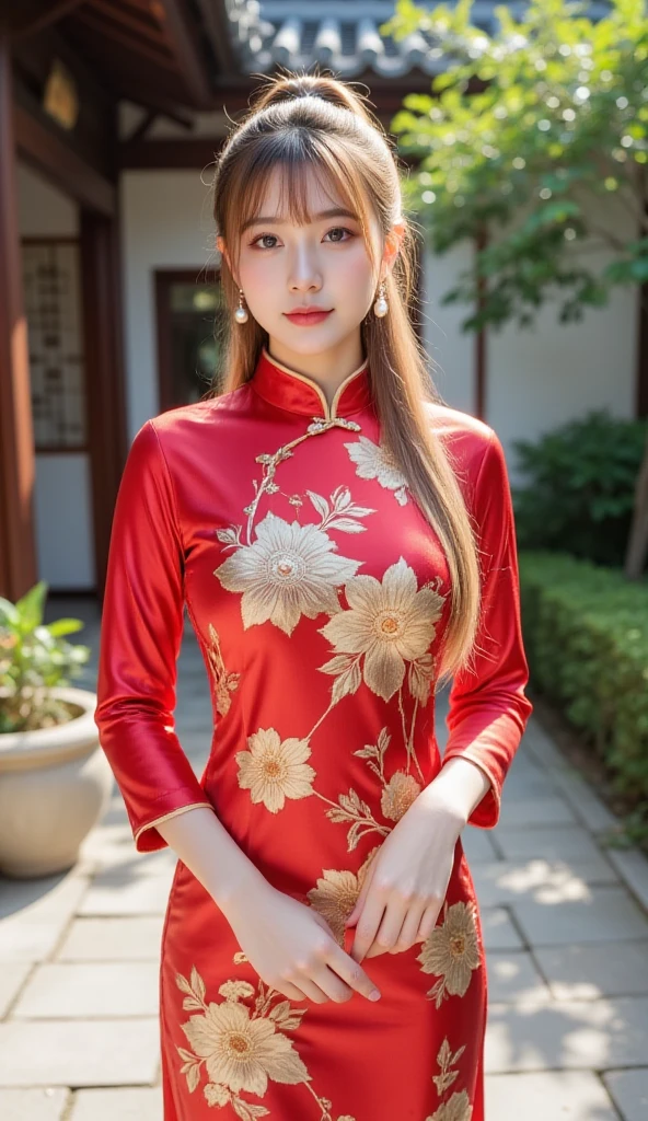 (16k wallpaper, masutepiece, Best Quality, Ultra-detailed, Highly detailed realistic photos, Beautiful detailed eyes, Solo, curby, qipao dress, chinese clothes, thighs thighs thighs thighs, Voluptuous, Chinatown), Ultra High Resolution, Fine skin、Sexy, 20 years old, Smile, Beautiful Girl