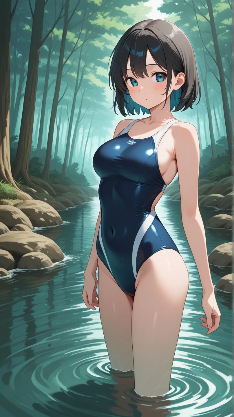 forest,Swim in a ?????????? swamp,1 girl,blue leotard,barefoot,brown hair,bob hair,???????????,Sweat,panic,blush,panic,open your mouth wide,shy,troubled face,