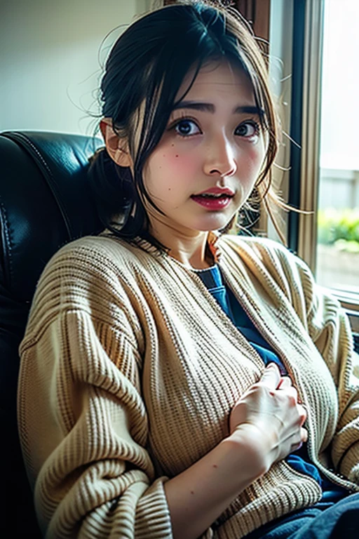 She gives a  with her eyes looking up、Woman 、Focus on the face、