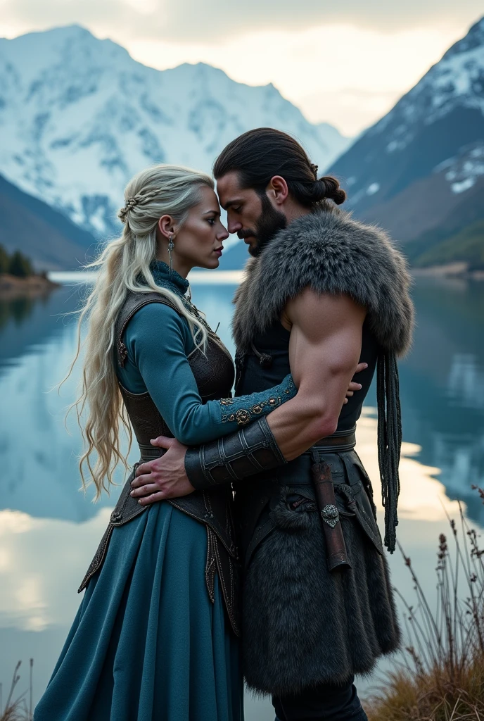 Black Viking left arm tattoo design, a full body muscular viking man and beautiful blond woman showing big busty and butt without t-shirt, muscular legs, holding big sword with right hand, brown hair divided with bangs, perfect realistic blue eyes, wearing warrior leather shoes, wearing warrior boots, lake and mountains in the background.
