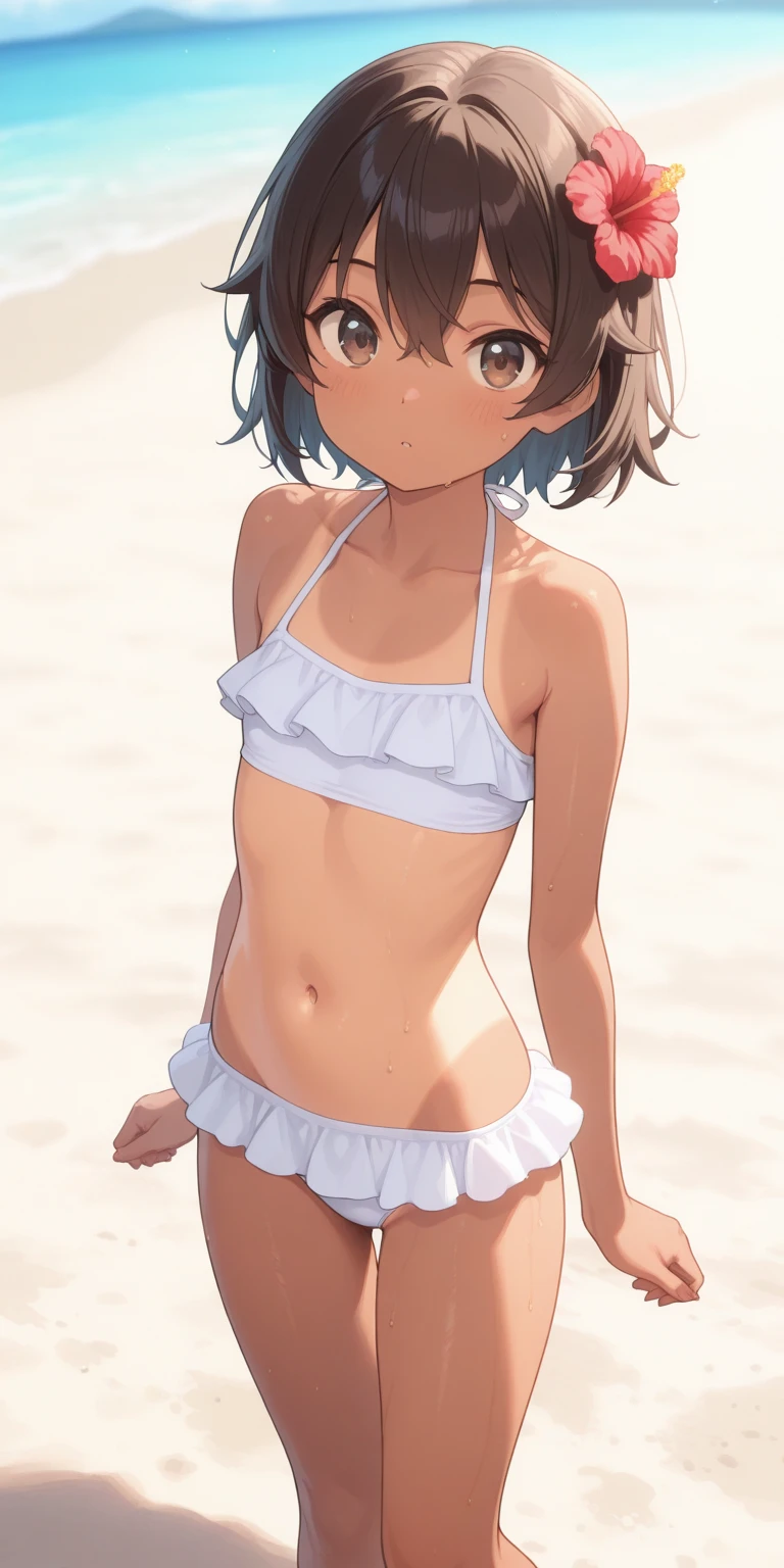 tideland、Covered in mud、Tiny white bikini、nipples are only slightly visible、Thighs、Butt、Dynamic Angle、Seaside、Sandy Beach、Girl、Girl、Younger、Baby Face、flat chest、forehead、Embarrassed、Sun hat、sunlight、Both eyes open
