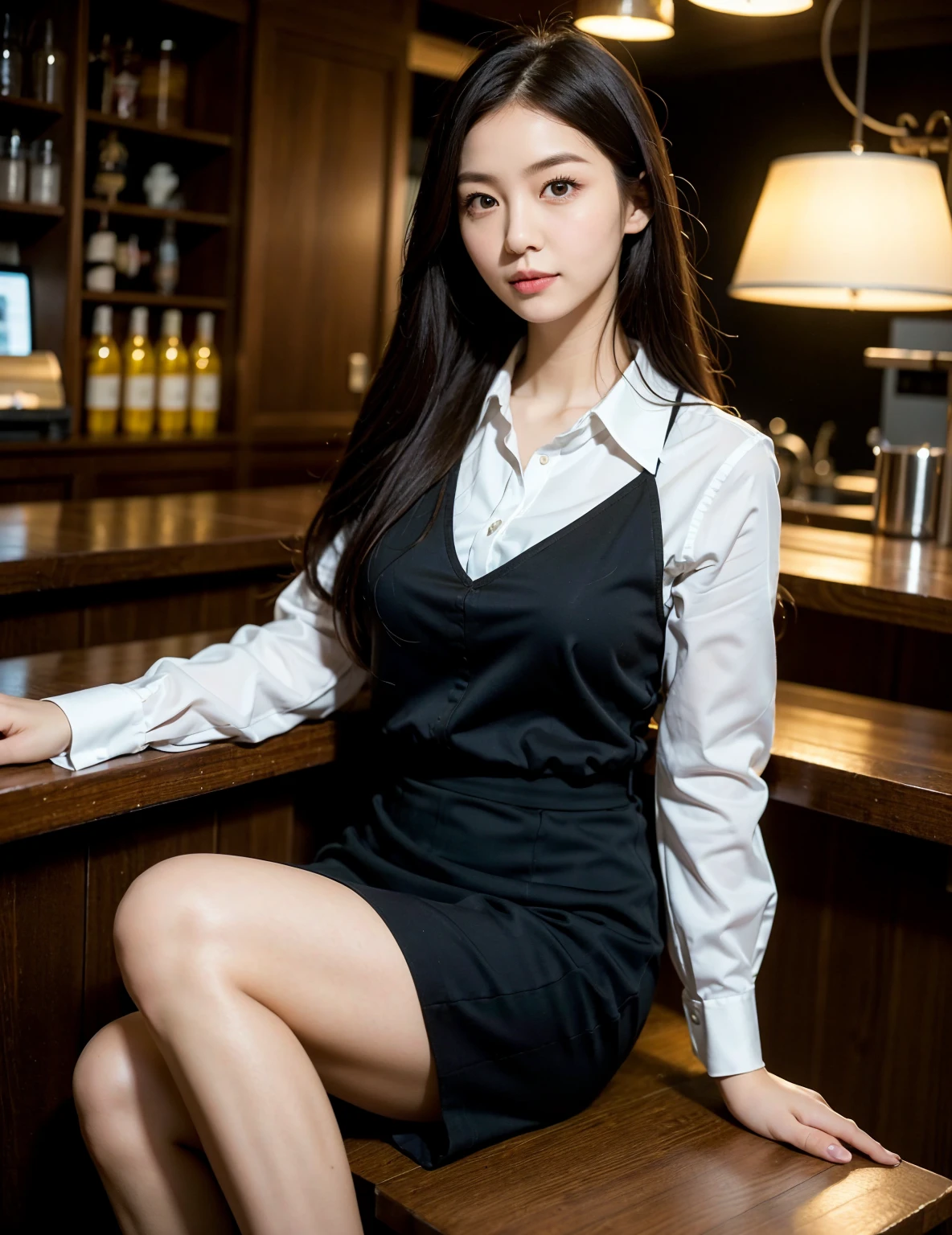 best quality, ultra-detailed, illustration, cabaret, scenery, bedroom, hotel, pool (((medium-small sized breasts))), (ni:1.5), (((soft lighting、Skin- shirt and blouse、Black Velvet Long Sofa))), character:Tchibana kyoka, 1girl, solo, , jewelry, necklace, smile, long brown hair, looking at viewer, sheer white dress, gown, bracelet, sitting, drinking glass, alcohol,  posing, sultry pose, full body