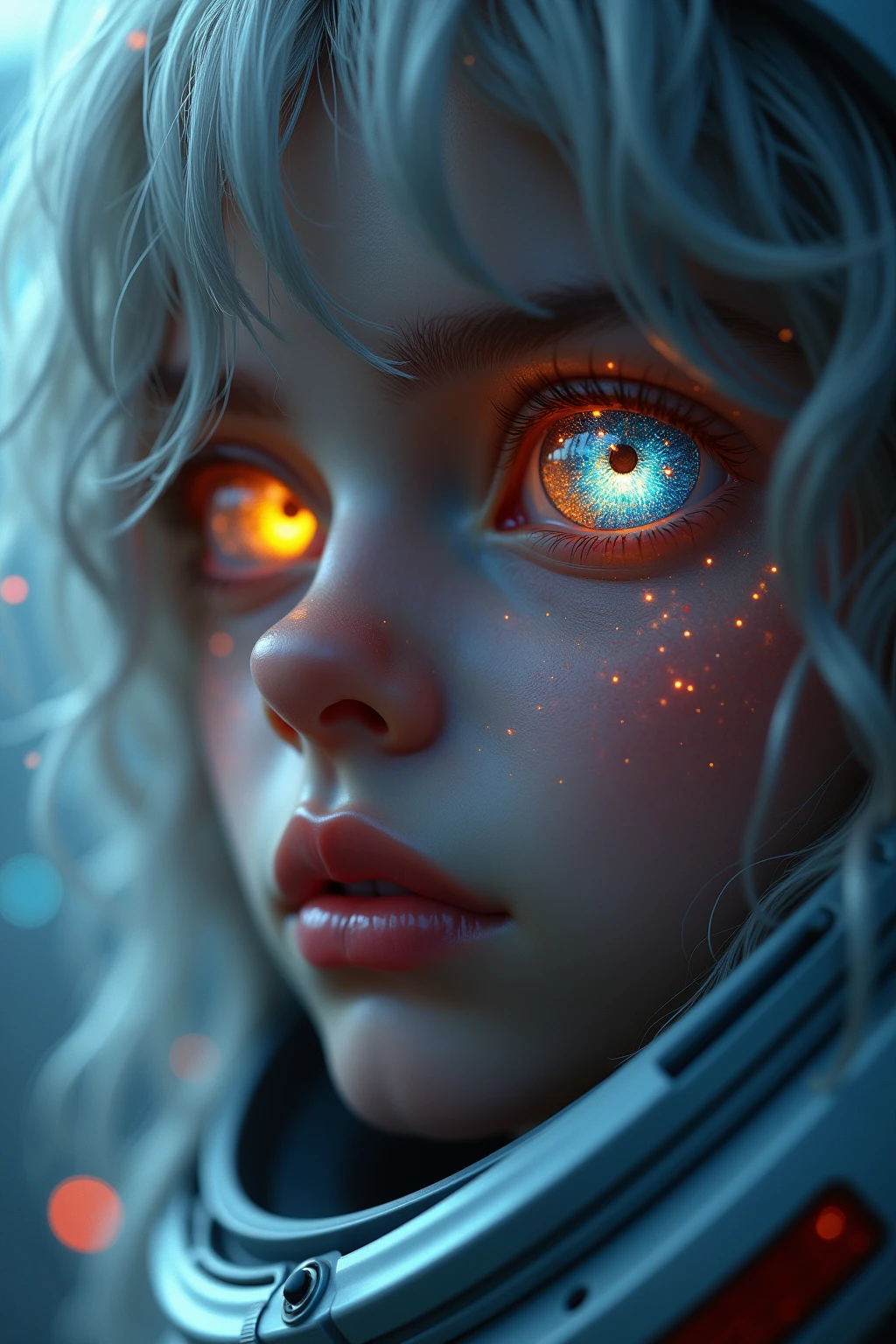 (Close-up of an excellent masterpiece:1.5)0.9]，(Space and astronauts:1.2) (Messy silver hair:1.1) (Heterochromatic eyes, yellow, blue eyes:1.2) (Casque spatial:1.0) (with colored stars in the eye:1.0) (Dazzling light:1.1) (Thick lip:0.9)