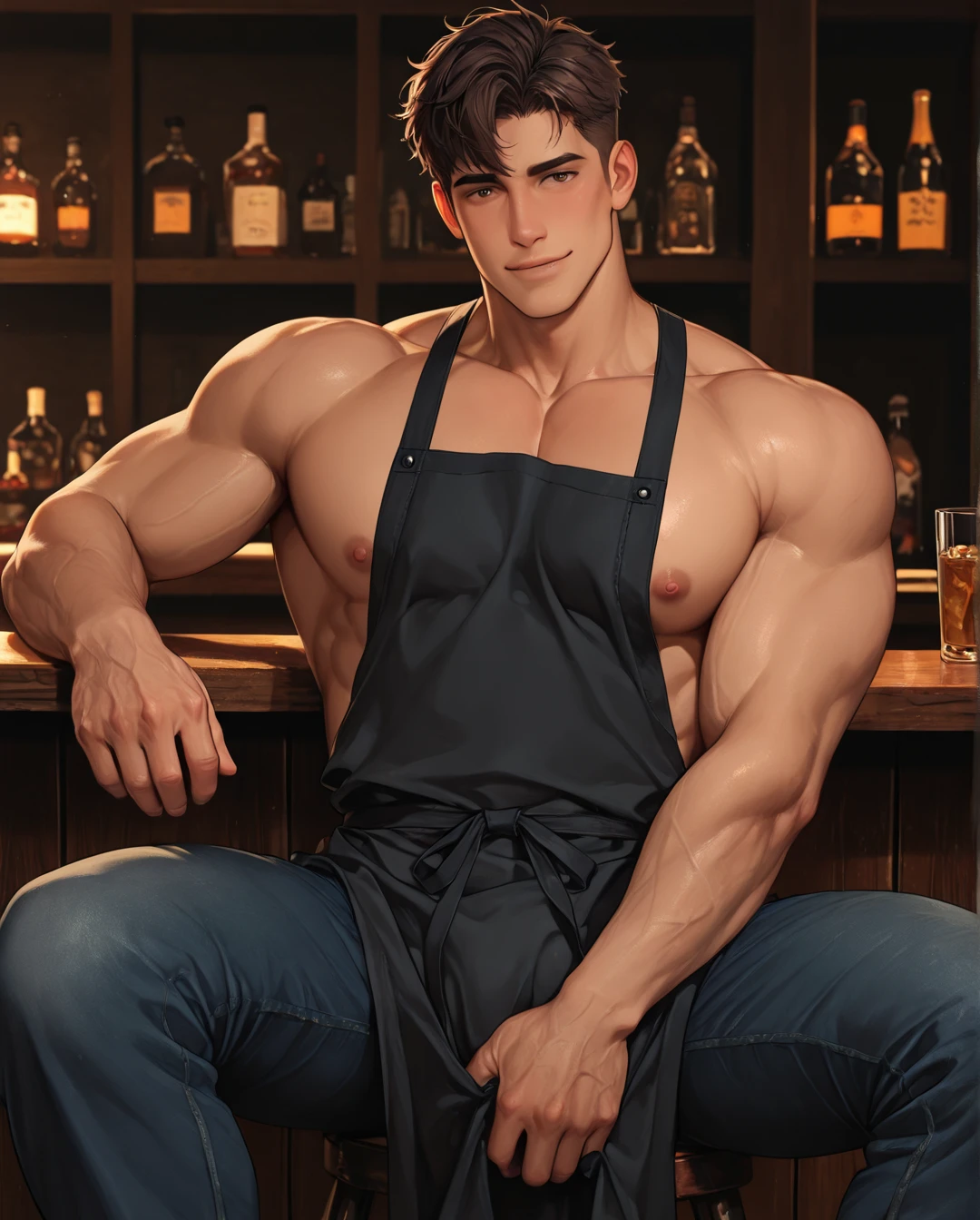 vane /(granblue fantasy/)、muste piece, ,,best quality,male,solo,beautiful detailed skin、Glittering oiled skin,blush、(black apron, cafe uniform,detailed face,blush,Panting、:1.2), complicated and elegant、sexy、 Strong muscles、,(,,,projectile ,,:1.3),kitchen
