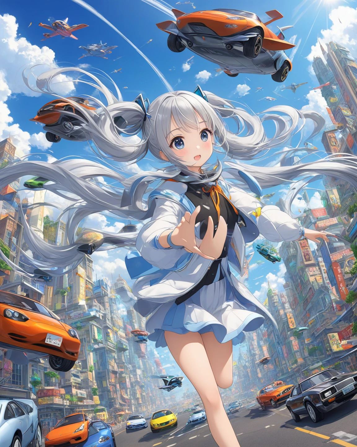 red pupils，Deferred expression，long gray hair and white stockings,，Cyan and blue clothes，JK Campus，cute smile