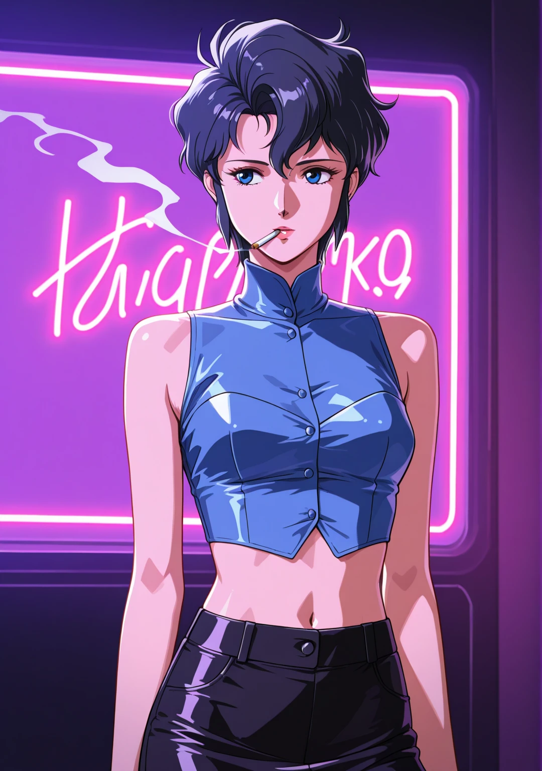 (1girl, faye valentine), (extremely detailed CG unit 8k wallpaper),(master part), (best quality), (ultra detali), (best illustration),(ghibli style), symmetrical background, cowboy shot, (Sharp eyeliner, ombre, detailed eyes:1), night, 1979retrofuturism neon light cyberpunk town, outdoor background, break , upper body, dark brown eyes, purple hair, yellow hairband, yellow crop top, yellow short shorts with black suspenders, ( attire:1.2), midriff, (black thighhighs, lace trim:1.2),