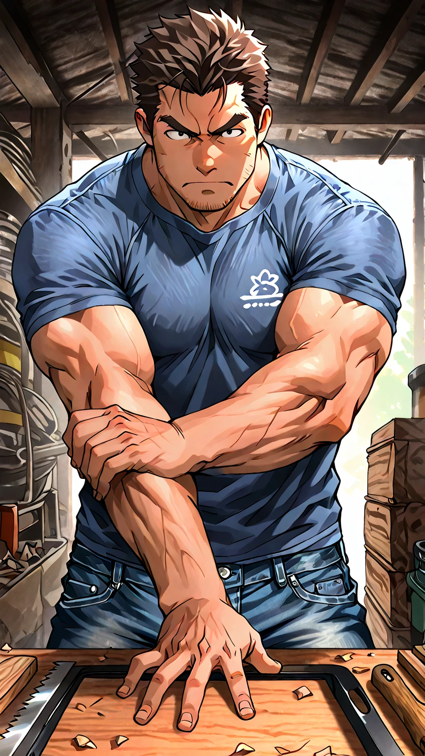 1 man,(Skinheads hairstyles) ,black eye,(Wear a fitted round neck t-shirt in navy with a police badge.:1.3),(fit neck),Navy blue jeans,(black_gloves), Korean guy,chest muscles,large arm muscles,blood vessel,Big muscles,Broad shoulders, smile, middle of the road,(full_shot:1.6),(In the bread shop:1.2),