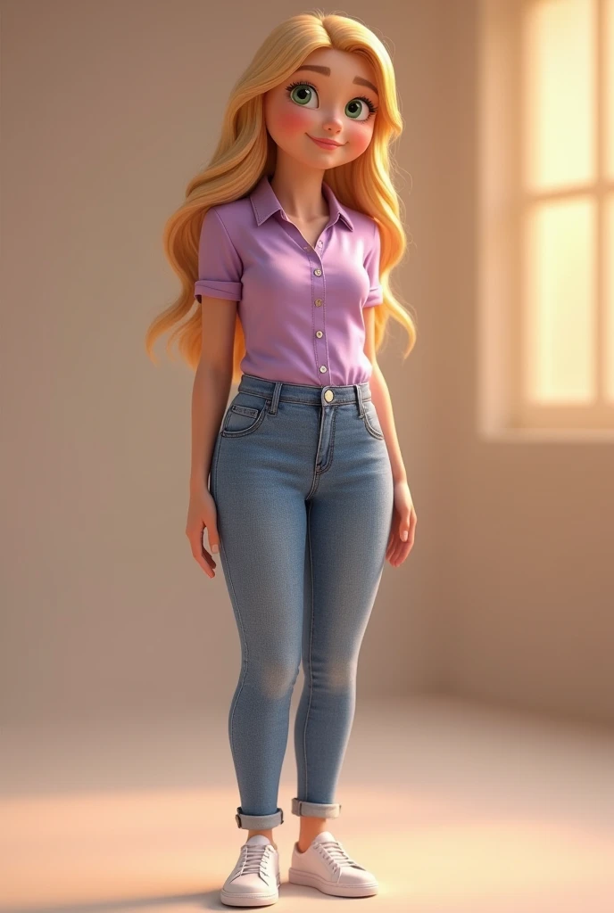 Caucasian woman, 30 years old, blonde hair, cheerful and elegant