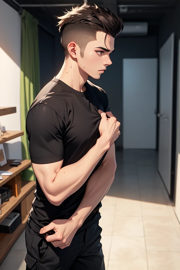 (((male gender))) "An ultra-detailed 8k masterpiece best quality and high saturation. The image features a clothing illustration with a stunning thick european Boy  wearing a tight sheer leggings outfit, including tight , F cup, white sneakers, and a blue background."