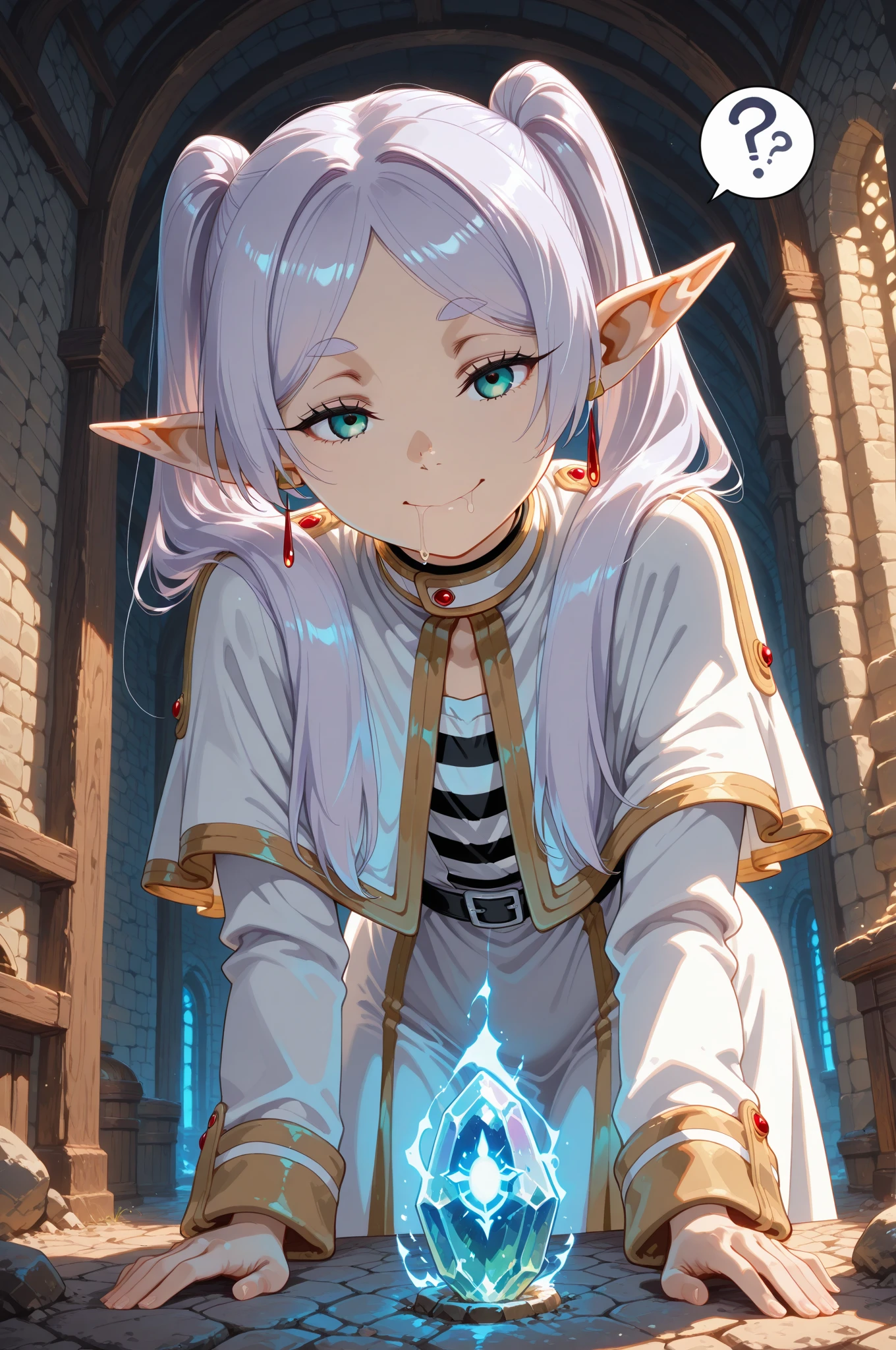 masterpiece, Highest quality, Illustration of the novel, High resolution,  , Sensual, Intimate, Emotional, Passionate, romantic, sweet, Adorable, Innocent, Pure, Charmな, Charmな, Charm, mysterious, Charmな, Charmな, Immersive, Charmな, dream-like, Surreal, Imaginative, Whimsical, Artistic, Avant-garde, timeless, elegant, Sophisticated, chic, Sophisticated, personality, original, Charmな氷結, Pointed Ears, One girl, Twin tails, Gray Hair, alone, Black pantyhose tearing, boots, Brown footwear, Capelet, knee boots, Magic wand, white Capelet, White jacket, Breaking, teeth, teeth focus, , Destroy the mimic chest,,Face Focus