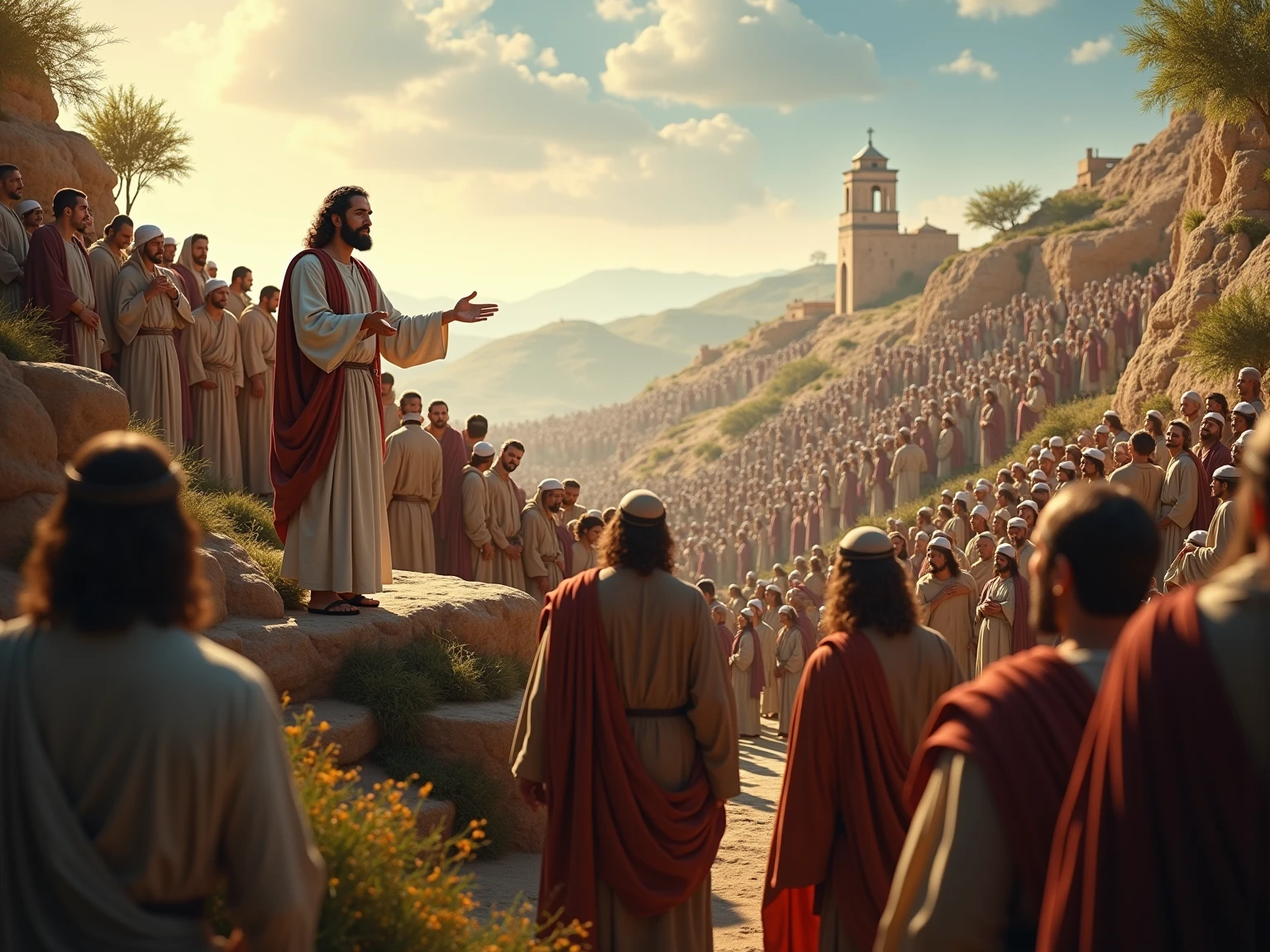 sharpened man standing on a platform with a crowd of people, bible illustration, epic biblical representation, biblical clothing, Described as a 3D rendering, Directed by: Joseph Henderson, Directed by: Harold von Schmidt, biblical art style, prince of egypt, biblical painting, moses, jesus wasted at a party, Cena realista, renderizado em corona, sermon of philistine greed, biblical art
