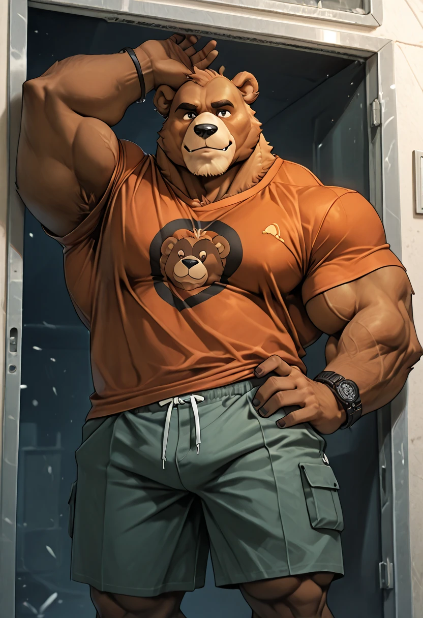solo, 1boy, Huge Muscular Old Grizzly Bear wearing glasses , pectoral, huge pectoral, wide pectoral, short white hair, short pants, black wristbands, armband heart rate monotrt and , bearded, Mustache, simple background, masterpiece, high detailed, 8k, high resolution, at the gym, flexes his huge bulging muscles, veins popping