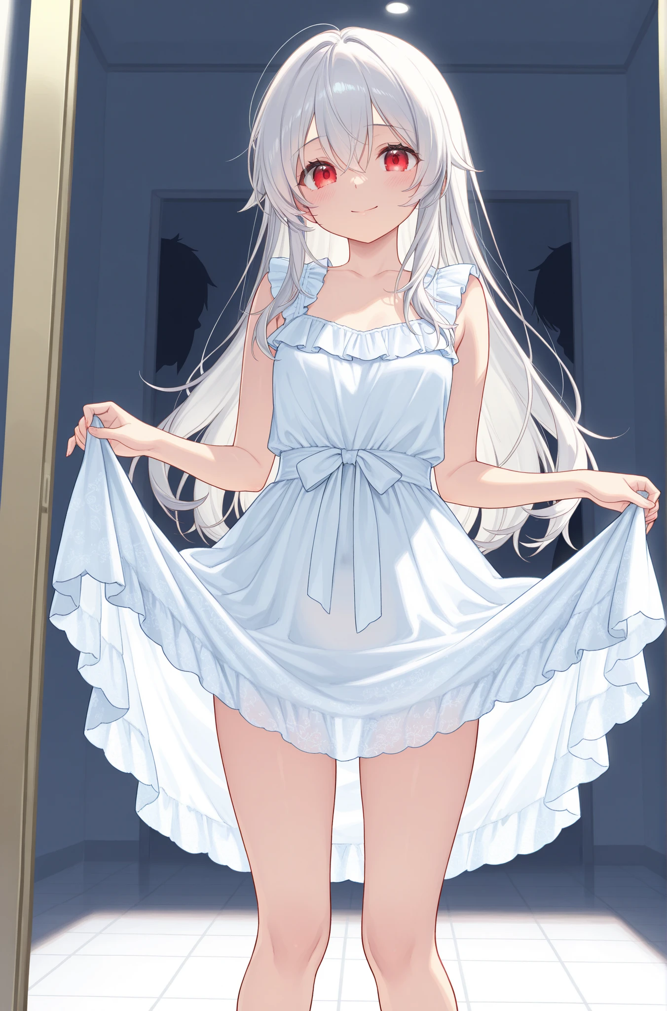 masterpiece, best quality, ????, 
1girl, view from below, 
lift up the skirt, white dress, red panties, silver hair, embarrassed face, 
a lot of sweat, bedroom, late night