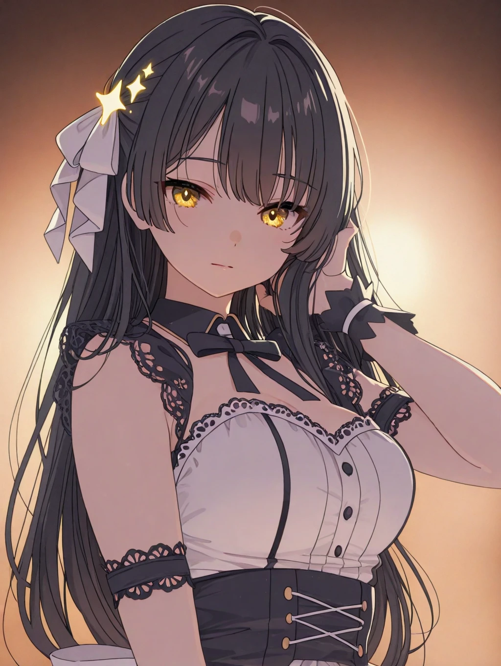 、masterpiece、best quality、super detailed skin、1catgirl、jadegreen eyes、skin/(dark skin)、horse ears、horse tail、hair/(braided side pigtails)、flipped hair、midnight black hair、wide cleavage、small torn bikini-top、small lace crop-top、torn hotpants、((( arms)))