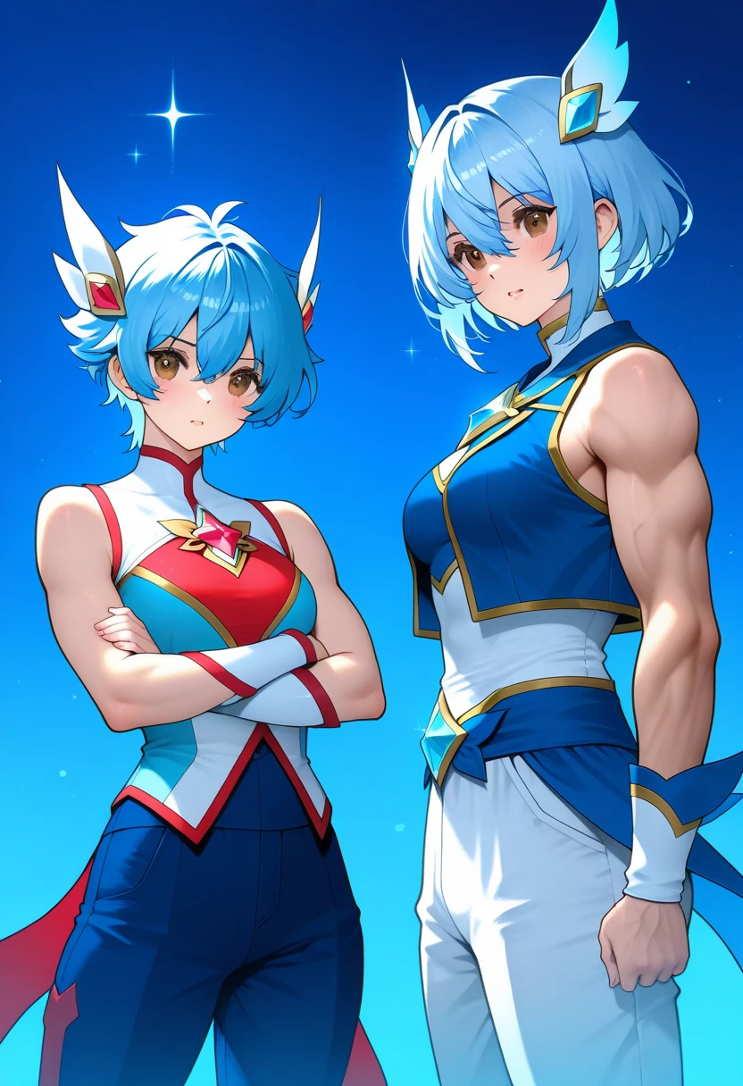 Girl with sky blue eyes, black hair with white tips and busty