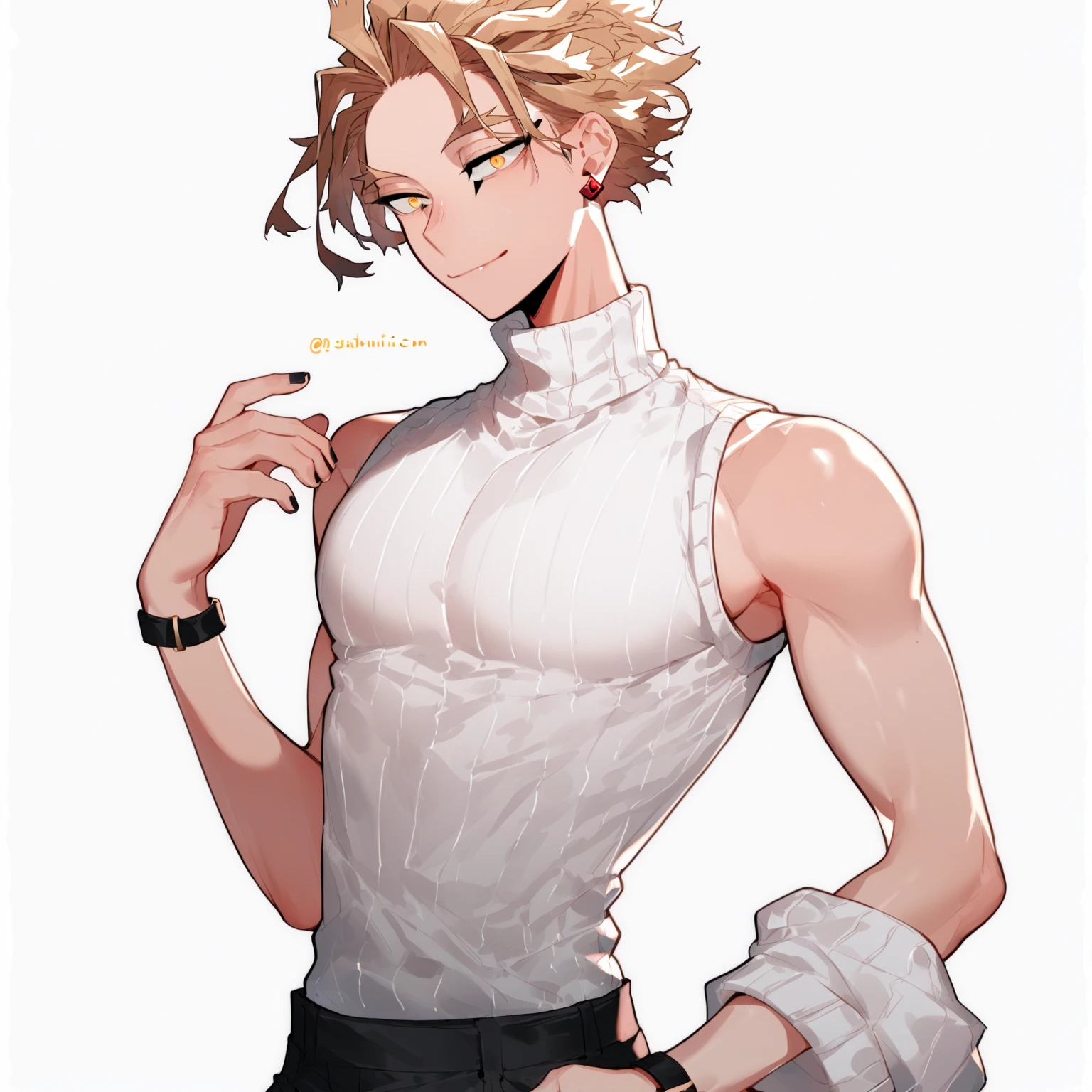 (masterpiece), best quality, expressive eyes, perfect face, ((finedetail)), best shadow,cinematic lighting,best quality,((ultra detailed)),((8k_wallpaper)),highres,beautiful detailed eyes,((masterpiece)),(short hair),((male:1.4)),(male face:1.2),indoor, The image depicts a young male, with yellow hair. He is wearing a tight, silk-like, outfit .
((male focus:1.3)) ,black ,arms behind back,chongyun (genshin impact), little boy, Sleeveless,black collar,1boy,boy,black,evil face,smile,smirk:1.2,bulge,powerful,belt，jock，twink，sports player，shorts，臂环