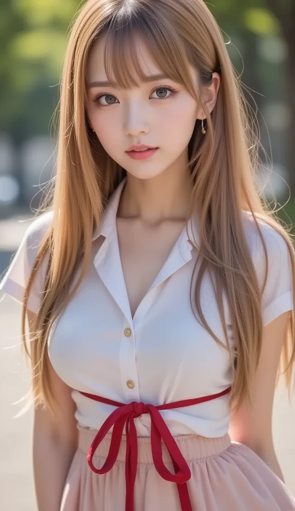  Big 、 cute looks and cute 15 year old beautiful girl, beautiful and  face、A strong wind blows my hair in front of my face、length, Metallic blonde straight hair、beautiful, Cute and  eyes hidden behind long bangs。